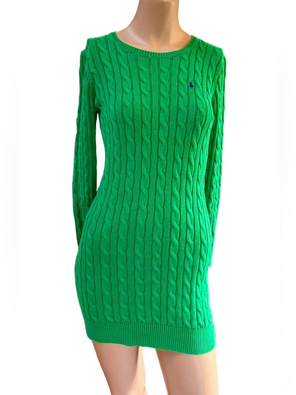 Ralph Lauren Kelly Green Cable Knit Cotton Sweater Mini Dress L 12-14